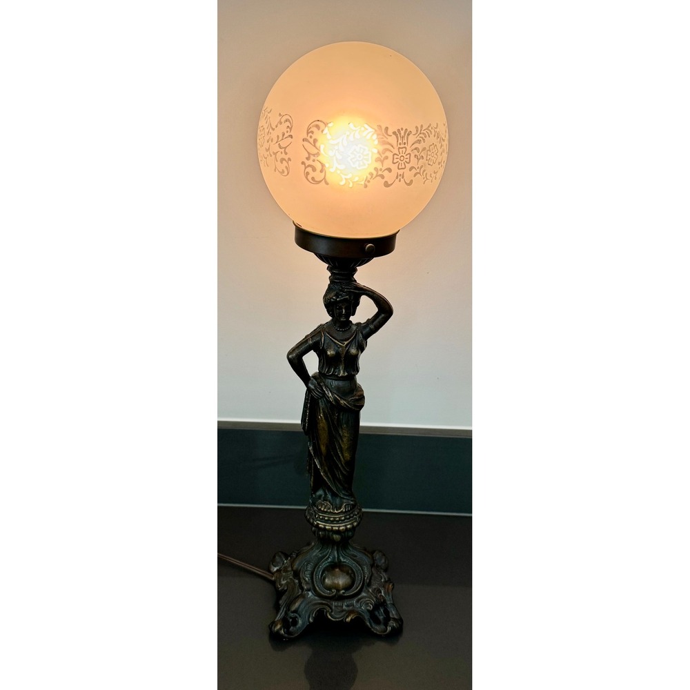 Vtg Art Nouveau Classical Female Lamp Bronze Finish Base Etched Frosted Globe